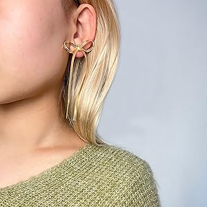 【Monday Edition】BALL CHAIN BOW EARRINGS Amazon.com: Silver Gold Bow Earrings for Women Ribbon Bow